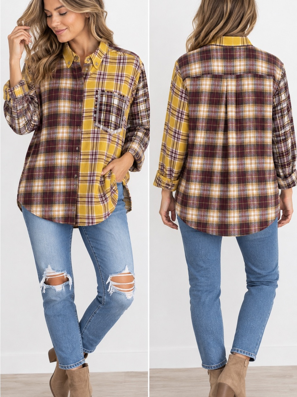 🍂 Easel Los Angeles Patchwork Plaid Button Down Shirt Mustard Burgundy S
